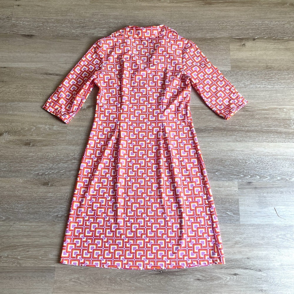 Jude Connally Geometric Print Dress Small Orange Collar V-Neck Knee Length Scuba - Picture 9 of 10